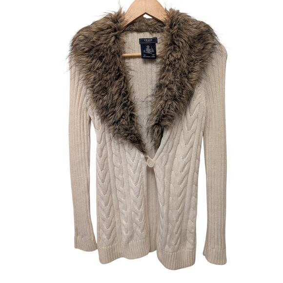Chaps Ecru Faux Fur Collar Cable Knit Cardigan Old Money Preppy Y2K Lux Classic - Picture 1 of 5